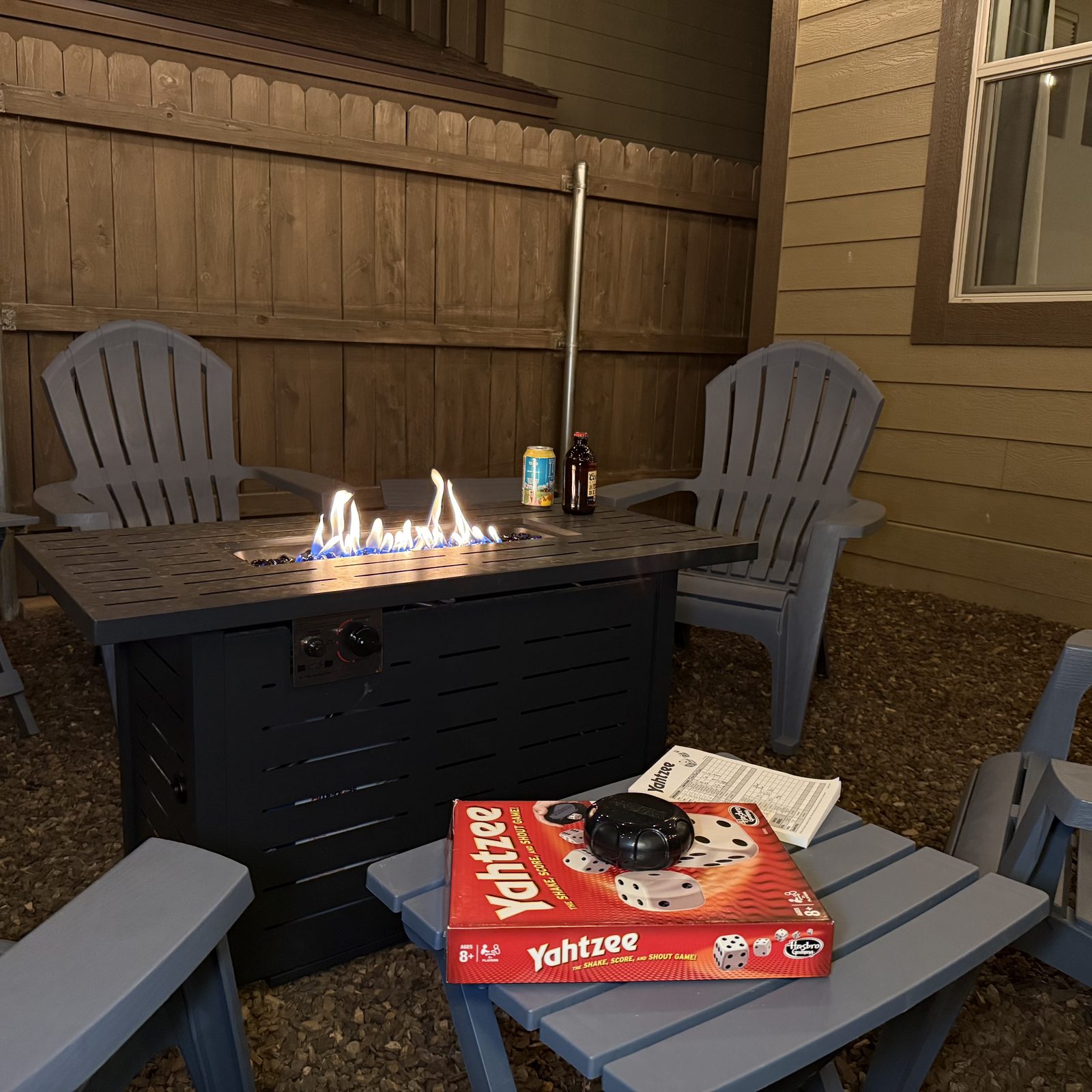 Fire pit at night with games