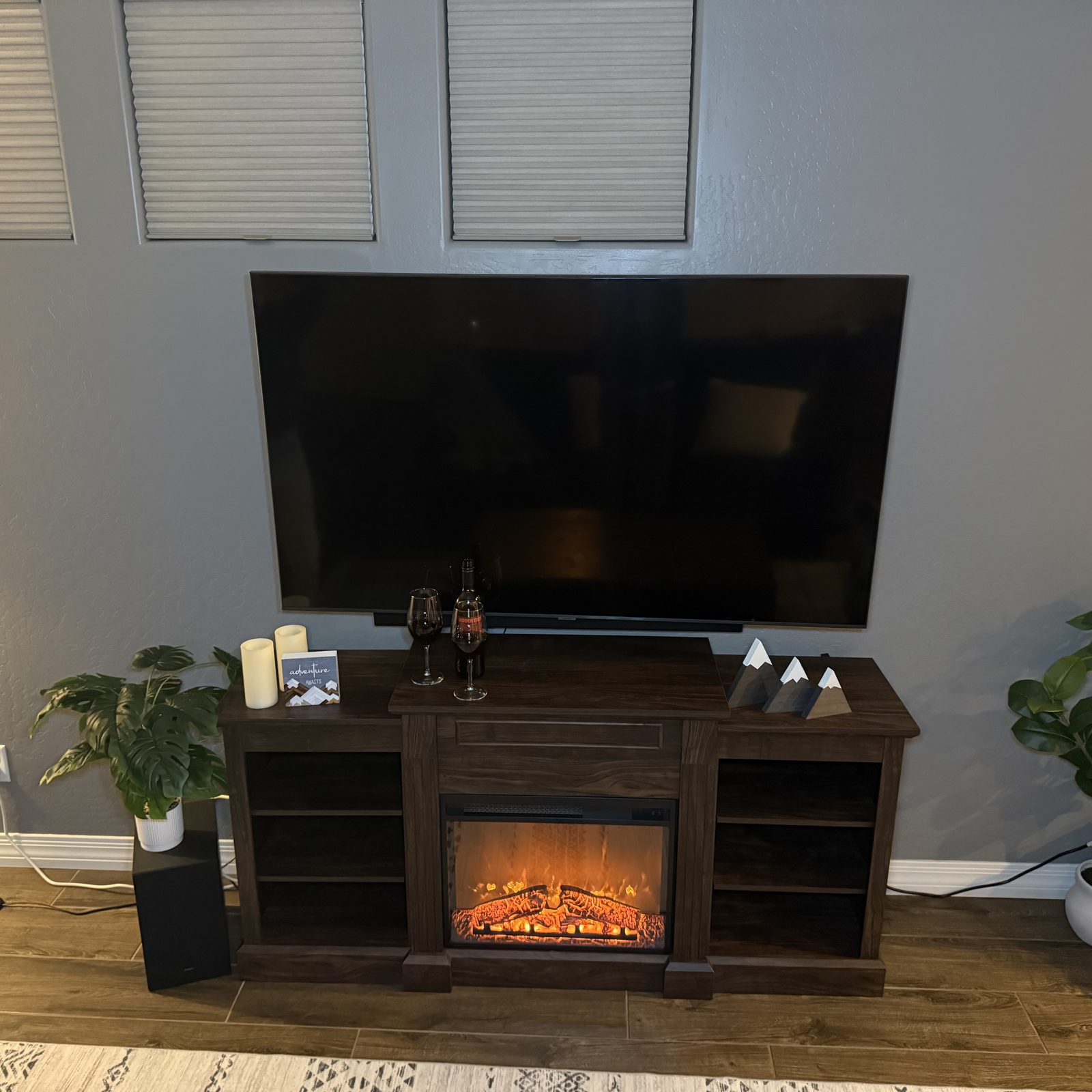 Fireplace console with wine glasses