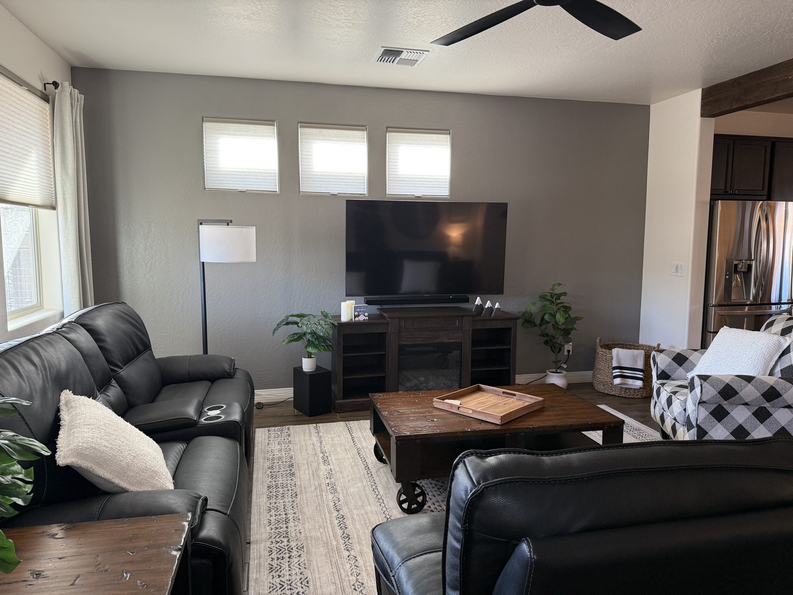 Living room with fireplace and accent chair